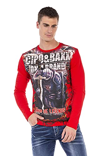 Cipo & Baxx Herren Langarmshirt Rundhals Print Longsleeve Longshirt Sweatshirt CL452 Rot L