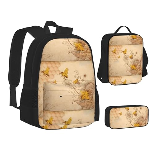 WURTON Rural Honigbienen-Blumen-Druck, Rucksack, Lunchbox-Set, 3-in-1-Büchertasche und Federmäppchen, passende Kombination, Schwarz, Einheitsgröße