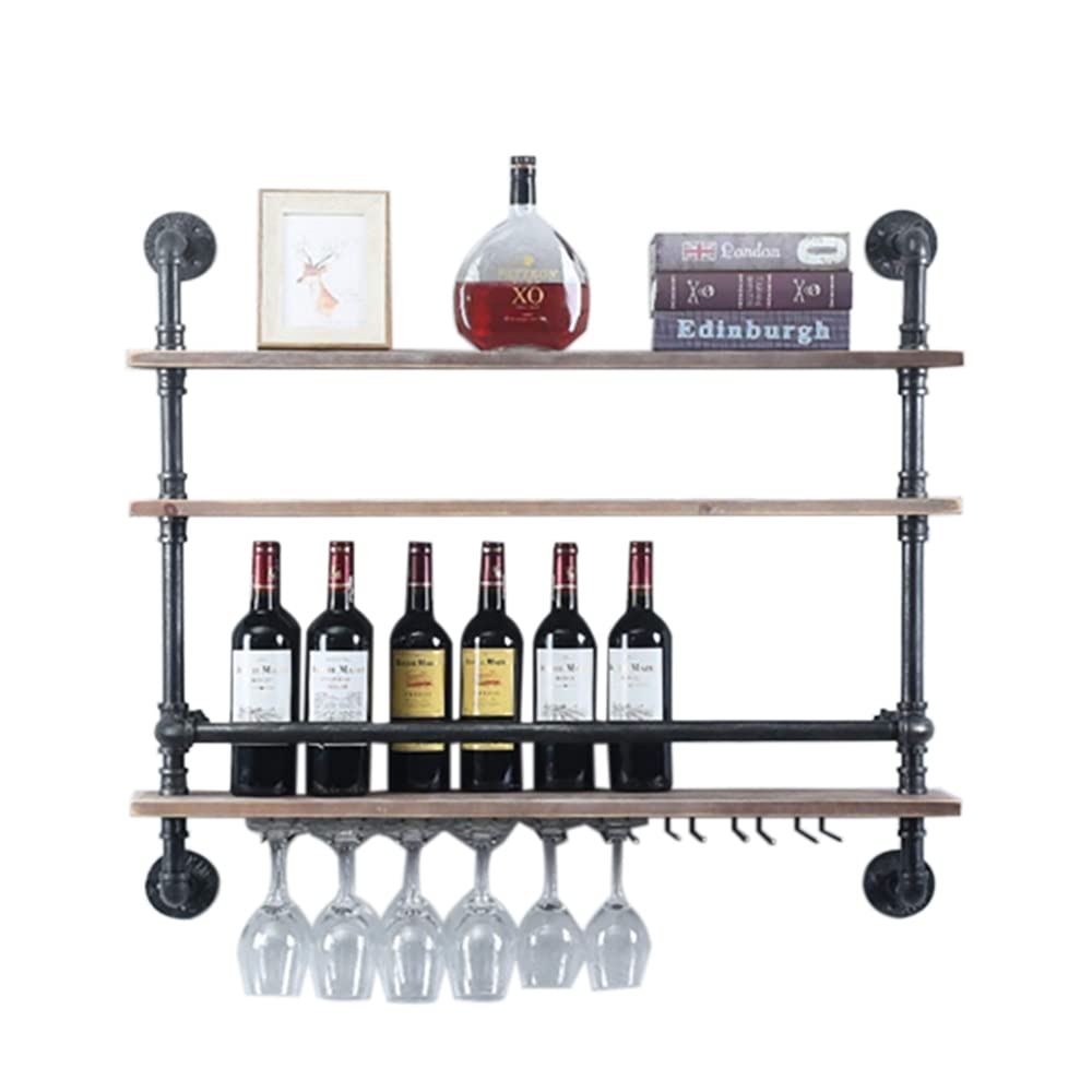 LoyaltyClivia Weinregal, Wall Mounted Weinglas Hanging Holder, Retro Industrielle Rohr Regal Weinregal, Bar Regale Wand montiert Wein Cup Flasche Halter, 92x20x89cm