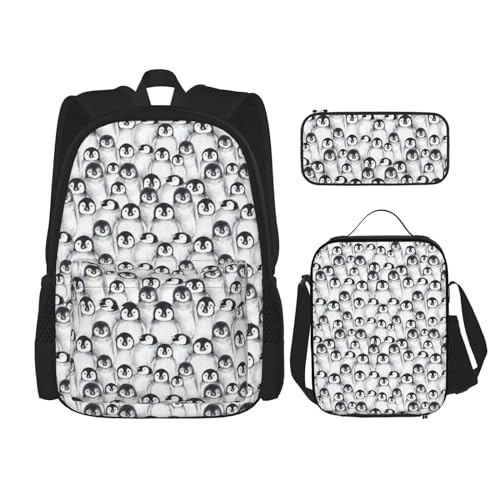 WURTON Niedlicher Rucksack mit Pinguinmotiv, 3-in-1 Büchertaschen-Set für Mädchen und Jungen, Schultaschen, Teenager, Lunchbox und Federmäppchen