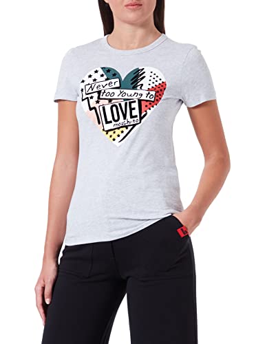 Love Moschino Damen Slim Fit Short Sleeves T-shirt With Patchwork Heart Print T Shirt, Melange Light Gray, 40 EU