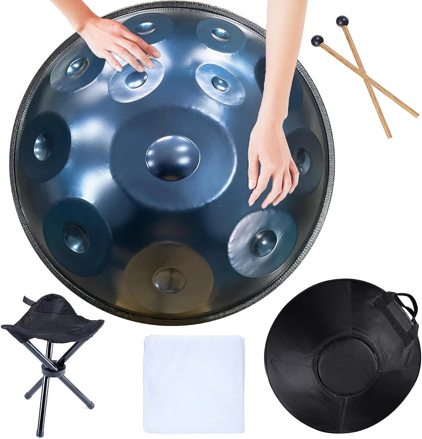 9/10/12 Hinweis Handpfannentrommel, 22 Zoll in d-Moll Handtrommel, Steel Drum Percussion mit Handpan-Ständer und weiche Handpan-Tasche, Handtrommel aus Stahl für Erwachsene,Blau,12 Notes