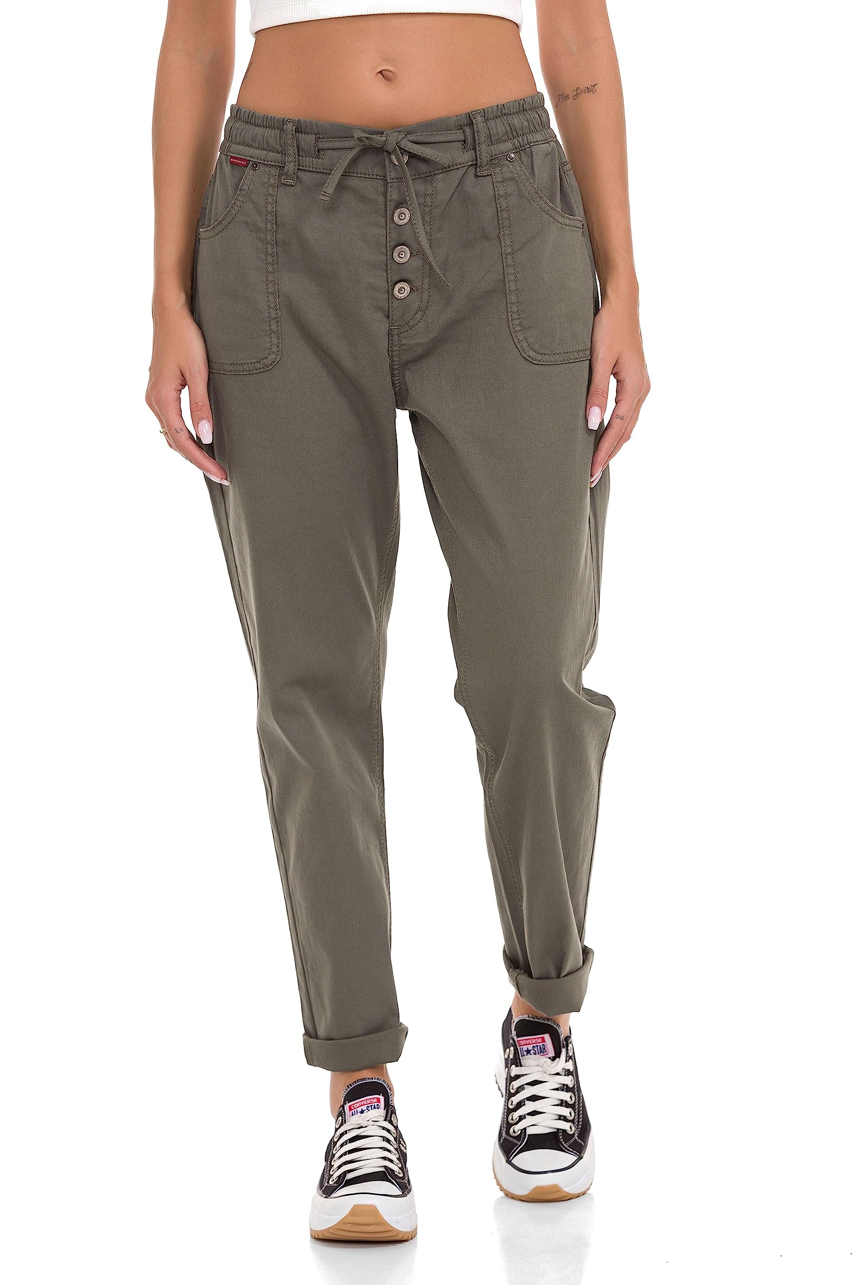 Cipo & Baxx Damen Chino-Hose, Lässige Passform Freizeit Hose, Knöpfen Versehen Design, 97% Baumwolle Hose für Frauen, Casual Klamotten für Teenager Mädchen, WD508, Khaki, W28 L32