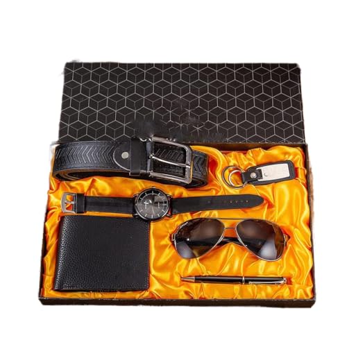 NEWNAN 6 Stück/Set Herren-Geschenkset, großes Zifferblatt, Quarzuhr, Brille, Ledergürtel, Geldbörse, Schlüsselanhänger, Stift, Boutique-Geschenkset, Box für Herren (Farbe: D)