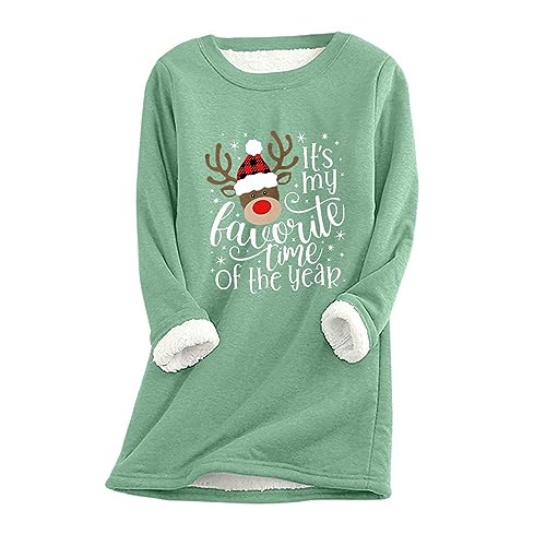 Sweatshirt Damen Fleece Warmer Sherpa Gefüttertes Pullover Rundhals Weihnachtselchhirsch Thermounterwäsche Winter Casual Basic Langarmshirt Oberteil