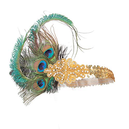 BZVCRTYKL Flapper-Stirnbänder for Damen, 1920er-Jahre-Feder-Kopfschmuck, Great Gatsby Roaring 20er-Jahre-Vintage-Haarschmuck, Gold/94/163