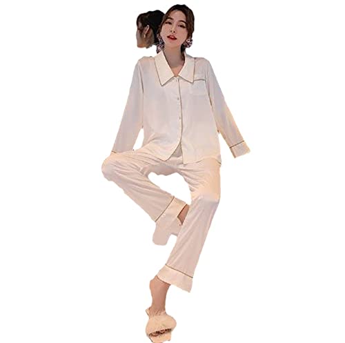 BANLUX Schlafanzüge Für Damen - Tide Ice Silk Lose Nachtwäsche Damen Pyjama Rayon Nachtwäsche Langarmhose Zweiteiliger Anzug Revers Damen Pyjama Set,Stil D,M