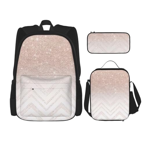 WURTON 3-in-1 Büchertaschen-Set, glitzernd, hübsches Muster, verstellbarer Schulterrucksack, Lunch-Tasche, Federmäppchen, Schwarz, Einheitsgröße, Schwarz , Einheitsgröße