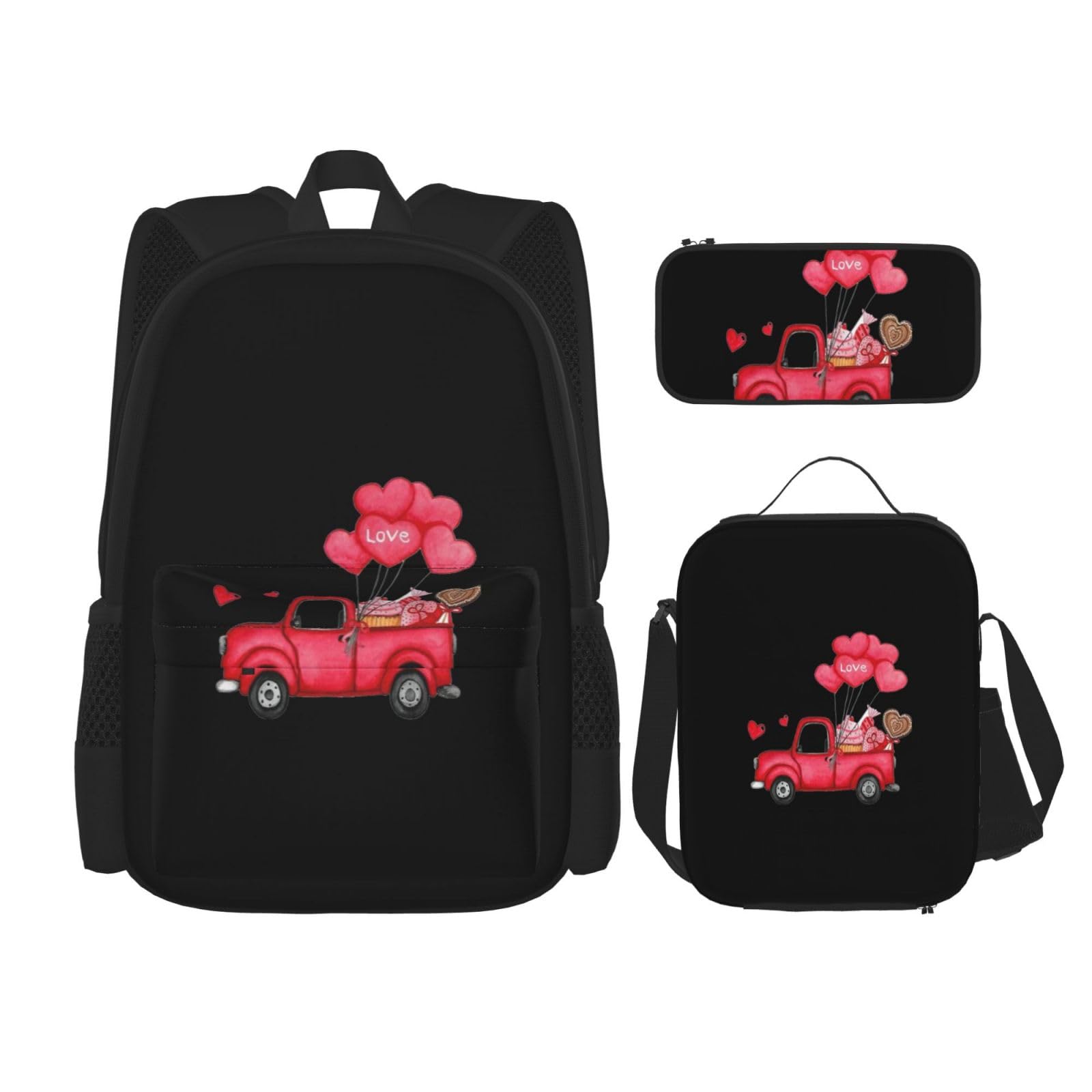 WURTON Romantisches Truck-Herz-Ballon-Druck, verstellbare Schultergurte, Rucksack-Set, Lunch-Tasche, Federmäppchen, Kombinationstaschen-Set