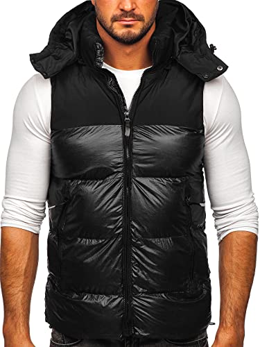 BOLF Herren Weste mit Kapuze Steppweste Bodywarmer Kapuzenweste Daunenweste Reißverschluss Weste Ärmellose Sportweste Zip Wärme Freizeit Outdoor Style 13079 Schwarz XXL [1U1]