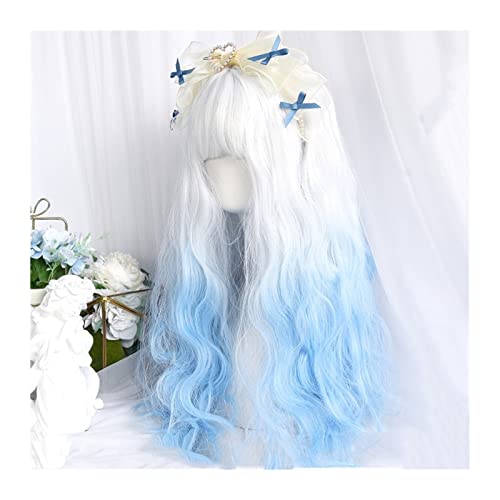 Perücken HOUYAN Synthetik Langes Lockiges Haar Welle Silber Weiß Blau Farbverlauf Cosplay Lolita Perücke Weiblich Hochtemperaturbeständiges Synthetik Damenperücke