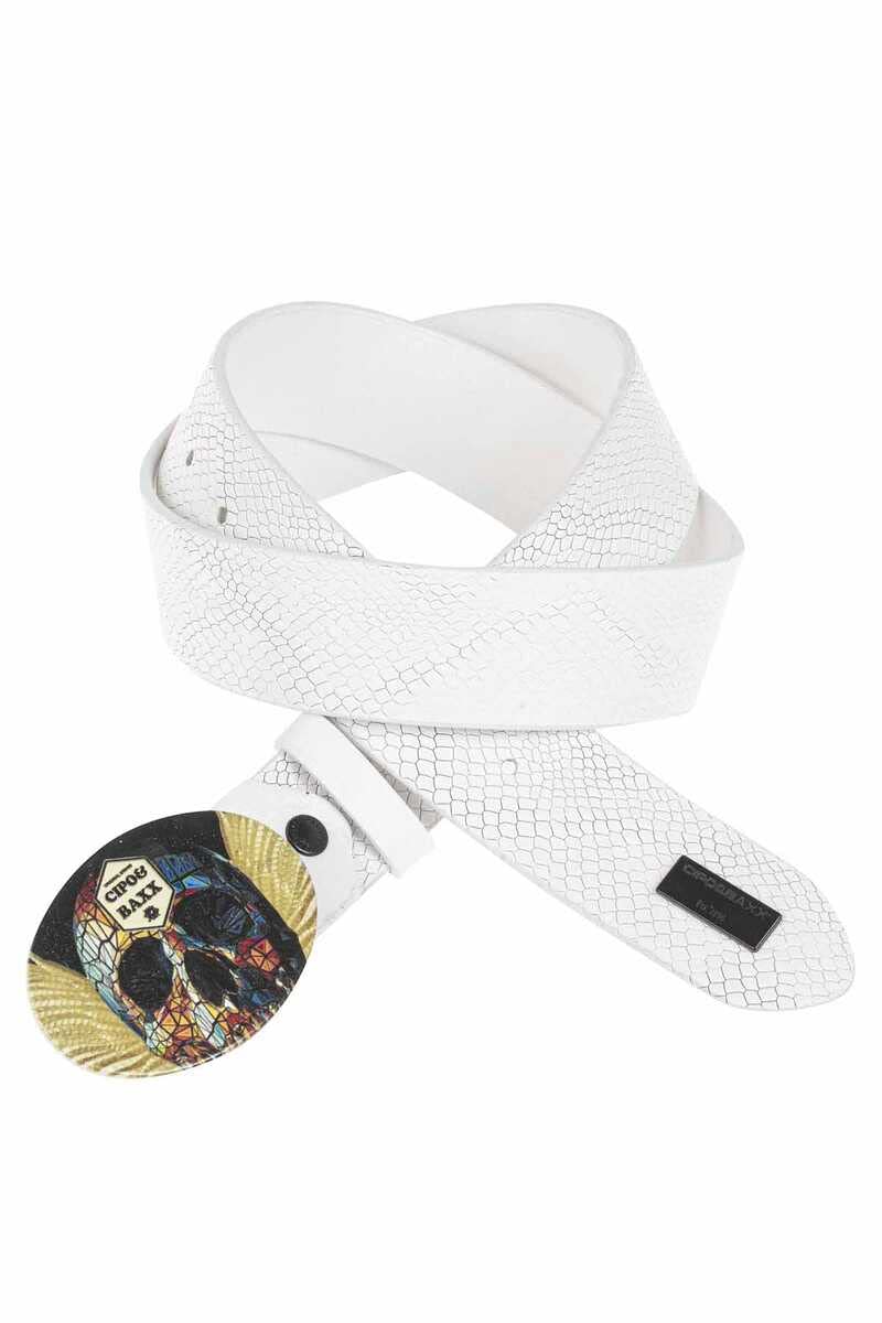 Cipo & Baxx Herren Ledergürtel Belt Reptilien Muster Totenkopf Oval Schließe Rockig Gürtel CG202 Weiß Gr.100