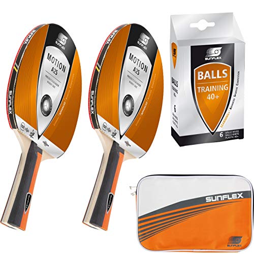 Sunflex Tischtennis Komplett Set | 2 x Motion A25 Tischtennisschläger + 1 x Protect Tischtennishülle + 6 x Training Tischtennisbälle