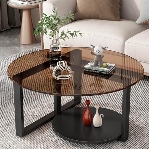 Runder Couchtisch Aus Glas, Runder Couchtisch Mit 2 Ebenen, Modern Minimalistisch, Tische Aus GetöNtem GehäRtetem Glas Mit Mattschwarzen Beinen, FüR Wohnzimmer,Balkon,Braun,80cm