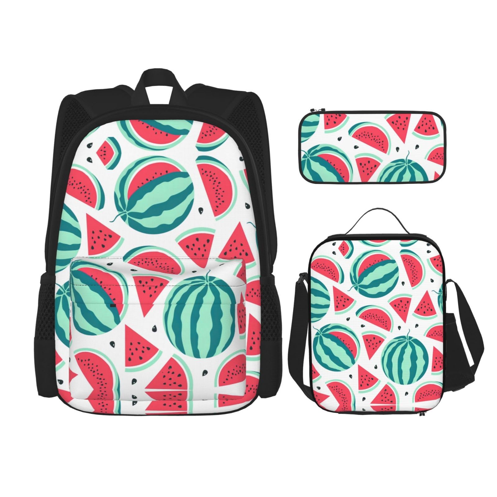 WURTON 3-in-1-Set mit Früchten, Wassermelonen-Druck, lässig, verstellbar, Schulter-Rucksack, Lunch-Tasche, Federmäppchen, Beutel, Schwarz, Einheitsgröße