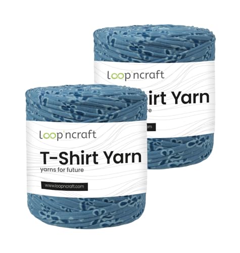 Textilgarn 2er-Set, Jeansblau gemustert, Loopncraft, 2 X 750g, T-Shirt Yarn, Recyling Garn