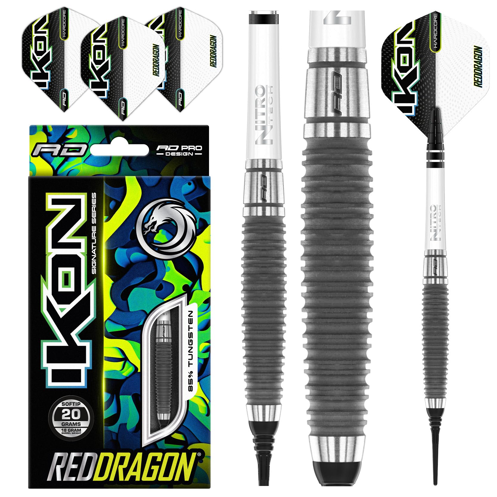 RED DRAGON Ikon 1.1 20 Gramm Professionelles Wolfram Softip Dart Set mit Flights und Schäften