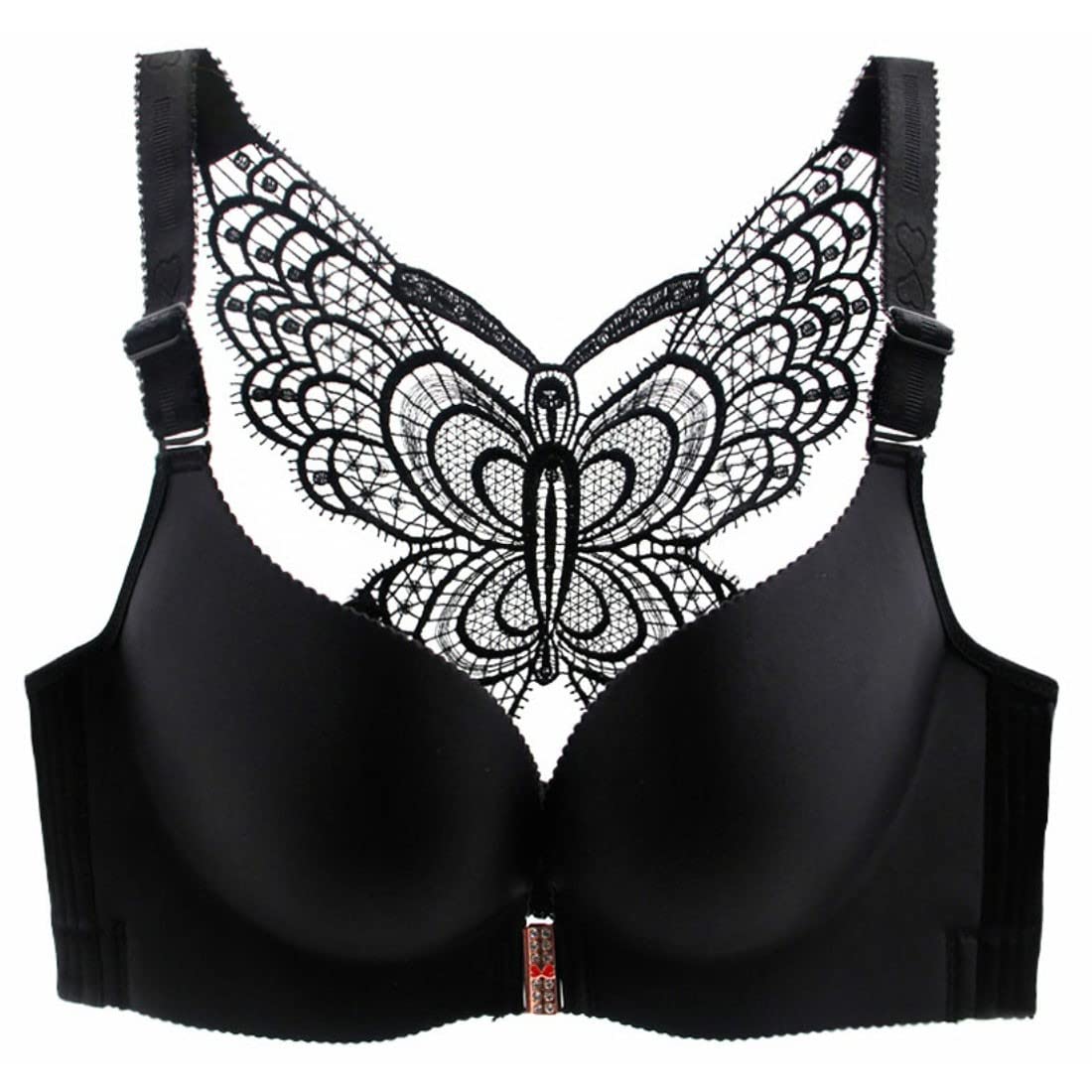 ZESLIV Damen BH Vorderverschluss ohne Bügel 85B Schwarz Push Up BH mit Schmetterlingsrückseite große größen Frauen Wohlfühl Bustier Spitzen Strass Bra