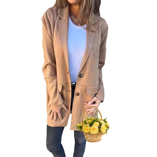 WINDEHAO Damen-Strickjacke mit Revers, langärmelig, lässig, lang, Wildlederjacken für Damen, Revers, langärmelig, vorne offen, Sweatshirt, Blazer (Khaki, 3XL)