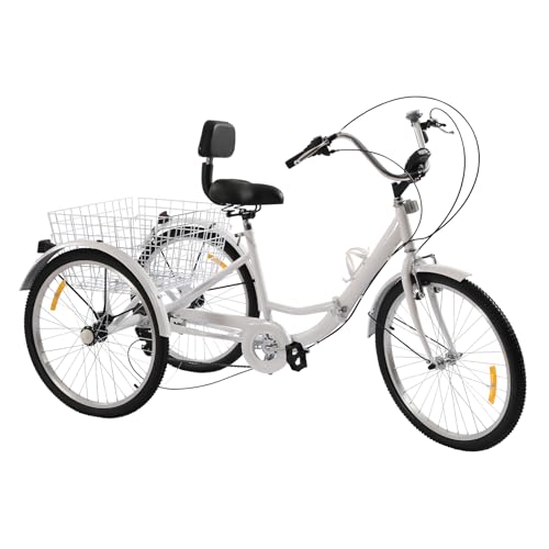 24 Zoll Dreirad Erwachsene 7 Gang 3-Räder Fahrrad BikeMit LED Licht Gemüsekorb Becherhalter Mit Korb Tricycle Höhenverstellbarer 3 Räder Fahrrad für Outdoor-Aktivitäten Belastbarkeit 120 Kg (Weiß)