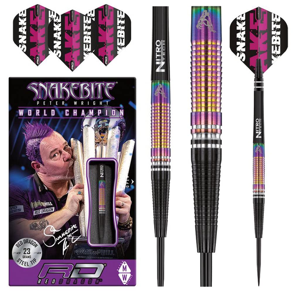 RED DRAGON Peter Wright Snakebite World Champion Tapered SE 23 Gram Professional Darts Set Including Flights and Shafts (Stems)