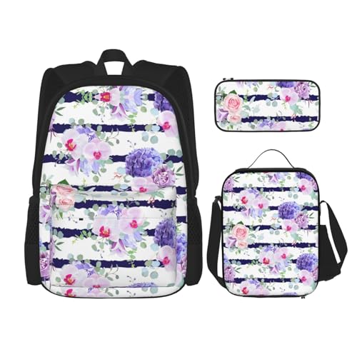 WURTON Gestreifte Sukkulenten Druck Reise Lunchbox Federmäppchen Rucksack Set 3 Stück Verstellbare Träger Leicht, Schwarz, Einheitsgröße