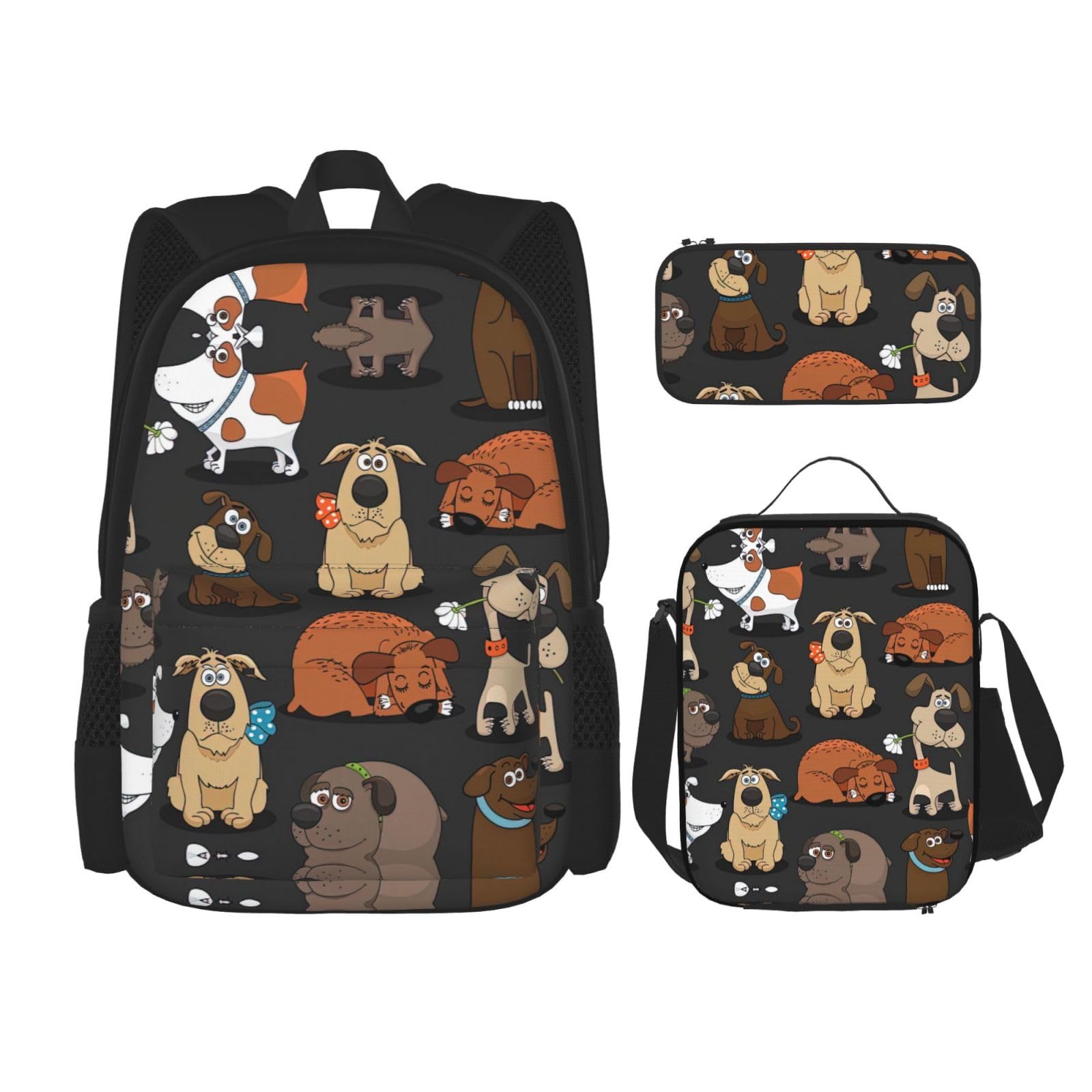 WURTON 3-in-1-Büchertaschen-Sets mit Hunde-Corgi-Druck, verstellbarer Schulter-Rucksack, Lunch-Tasche, Federmäppchen, Beutelbox, Schwarz, Einheitsgröße