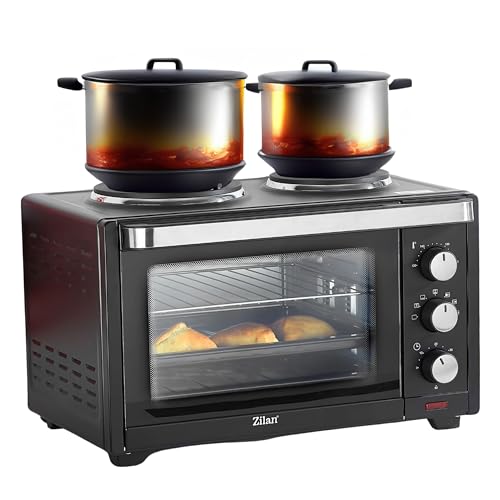 Mini Backofen mit Herdplatten 28 Liter | Elektrischer Drehspieß | Integrierte Kochplatten | Pizza-Ofen | Minibackofen | Miniofen | 3in1 Backofen | Krümelblech | Ober-/Unterhitze | Energiesparend