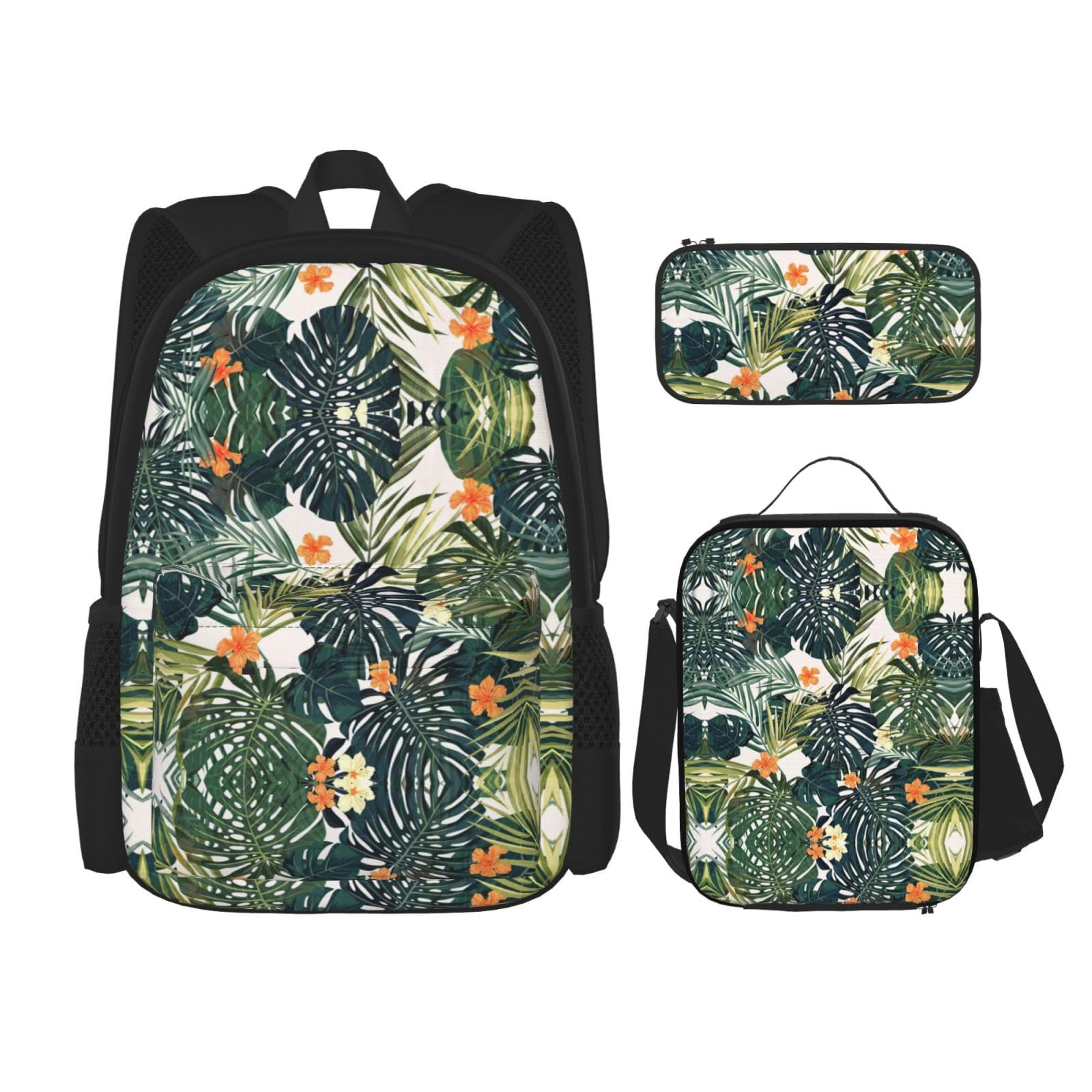 WURTON Tropischer Sommer, Hawaii-Blume, Palmblätter, bedruckt, Lunchbox, Federmäppchen, Rucksack-Set, 3-teilig, verstellbare Riemen, langlebig, leicht, Schwarz, One Size