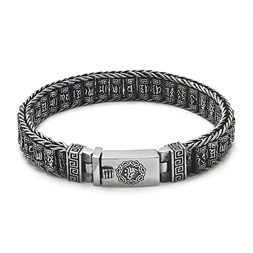 VOYADE Herren 925 Silber Sechs Zeichen Mantra Armband, Vintage Thai Silber Buddhistisches Handgewebtes Sechs Zeichen Mandala Armband,Silber,19cm