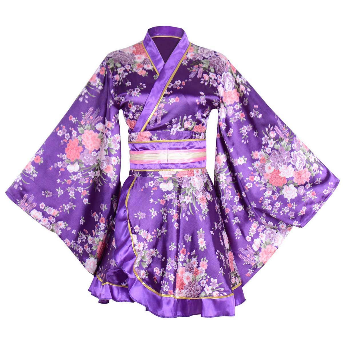 Wraith of East Kimono-Kostüm für Erwachsene, japanisches Geisha-Yukata-Blumenmuster, Bademantel, Nachtwäsche mit Obi-Gürtel, 32-lila, Large