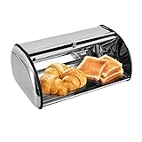 LoyaltyClivia Brotkasten Edelstahl,Küche Brotbox mit Aufrollbaren Deckels und Belüftungslöcher,Frontklappe, Großer Brotbehälter, Metall Rollbrotkasten, Brotaufbewahrung, Silber (43.5 * 27 * 18cm)