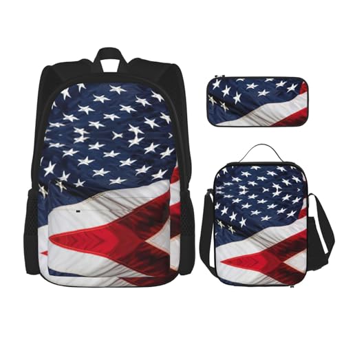 WURTON Rucksack-Set, Motiv: amerikanische Flagge, verstellbare Schultergurte, Lunch-Tasche, Federmäppchen, Kombinationstaschen-Set, Schwarz, One Size