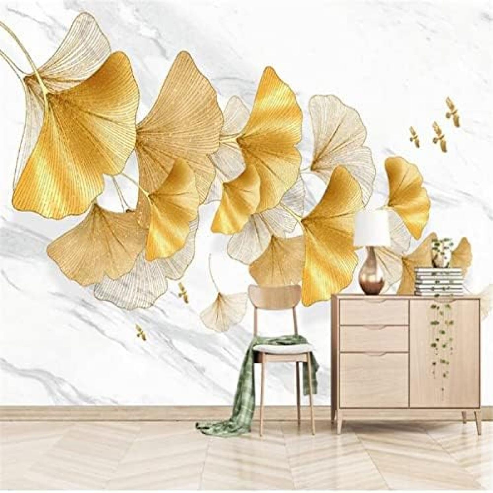 XLMING Handgemalte Goldene Ginkgo Biloba Pflanze 3D Tapete Wohnzimmer Sofa Schlafzimmer Esszimmer Home Dekoration Wand-150cm×105cm