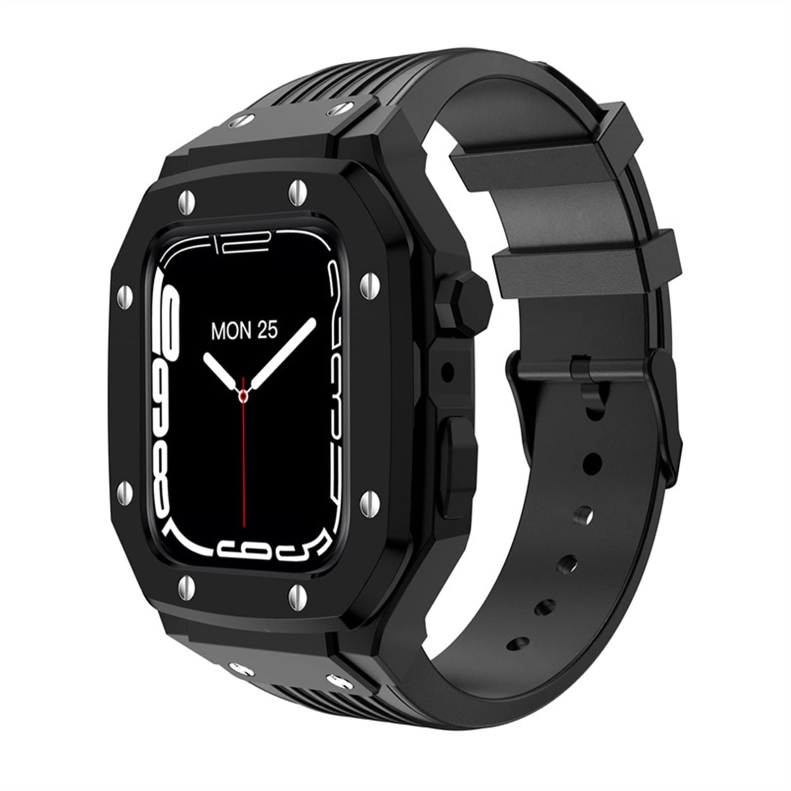 KANUZ Uhrengehäuse für Apple Watch Serie 8, Metallgehäuse, 44 mm, 45 mm, 42 mm, Silikonband, Metallrahmen, Zubehör für iWatch Serie 7, 6, 5, 4 SE (Farbe: Preto, Größe: 45 mm)