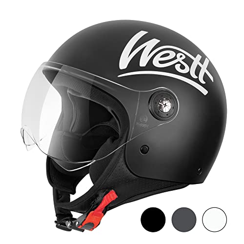 Westt Jethelm mit Visier Motorradhelm Herren Damen Helm Motorrad Roller Helm Mopedhelm Chopper Retro Mofa ECE 22.06 und DOT Zertifiziert