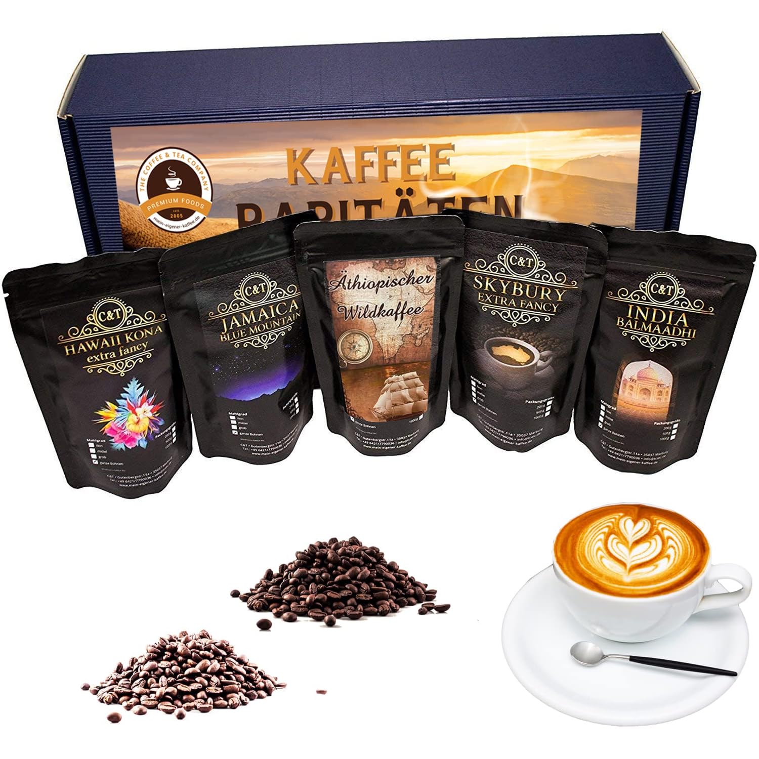 C&T Premium Kaffee Geschenk-Set | 5x Raritäten je 100g Ganze Bohne | Hawaii Kona + Jamaika Blue Mountain + Australien Skybury + Indien Balmaadhi