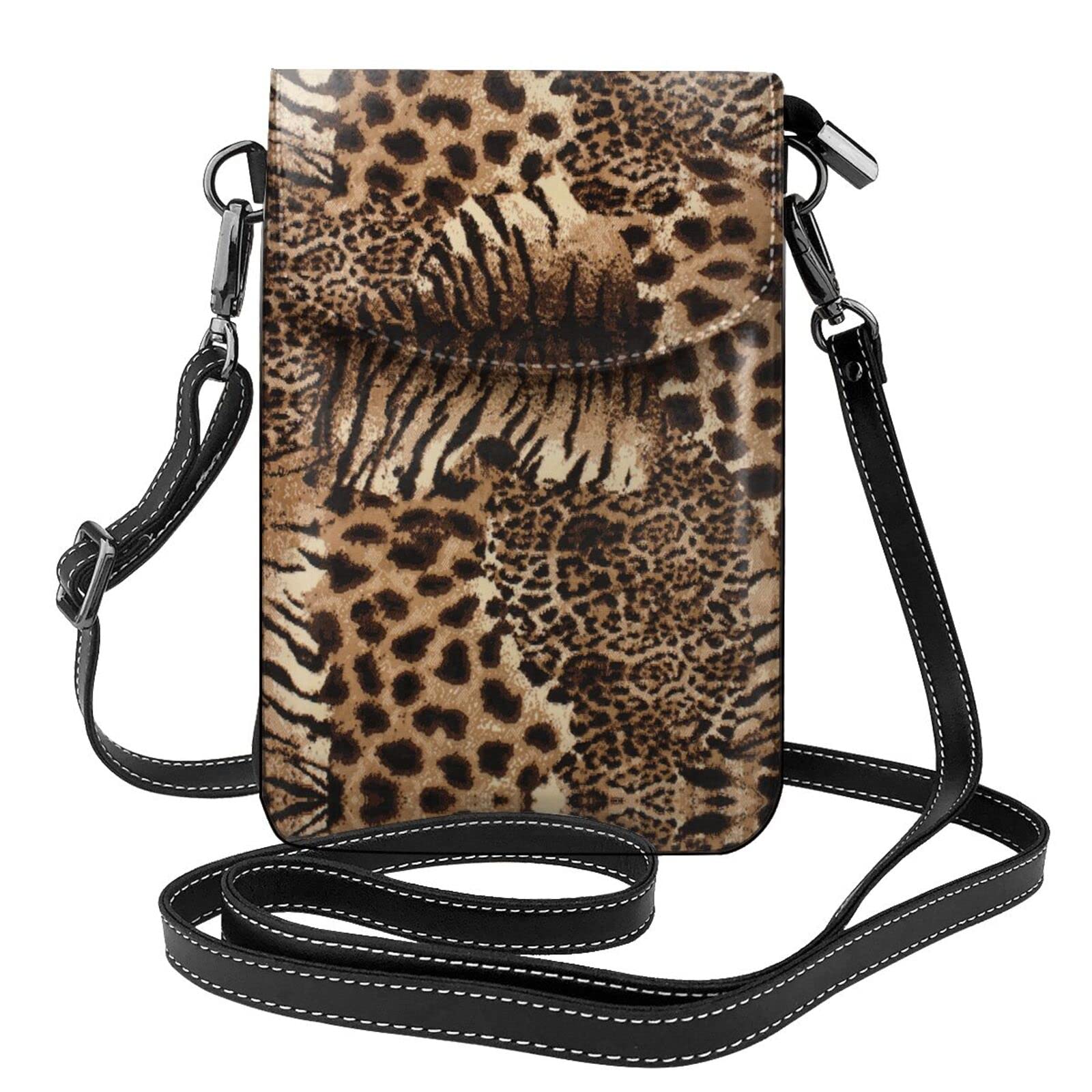 DMORJ Handy-Geldbörse mit Leopardenmuster – kleine Umhängetasche aus Leder, Damen, Schultergurte, Tasche mit Kreditkartenfächern, 19 x 7,3 cm, Schwarz , Einheitsgröße