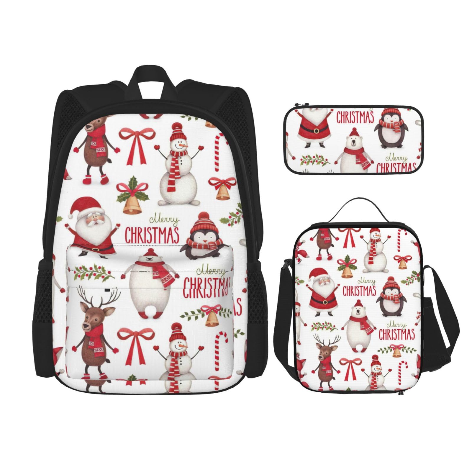 WURTON Rucksack mit Weihnachtsmann-Druck, für Mädchen, Jungen, Schultaschen, Teenager, Lunchbox und Federmäppchen, 3-in-1-Büchertaschen-Set