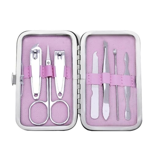 7-in-1-Maniküre-Set aus Kohlenstoffstahl, Pediküre-Set, Nagelschere, Pflegeset mit tragbarem Leder-Reiseetui, Pink