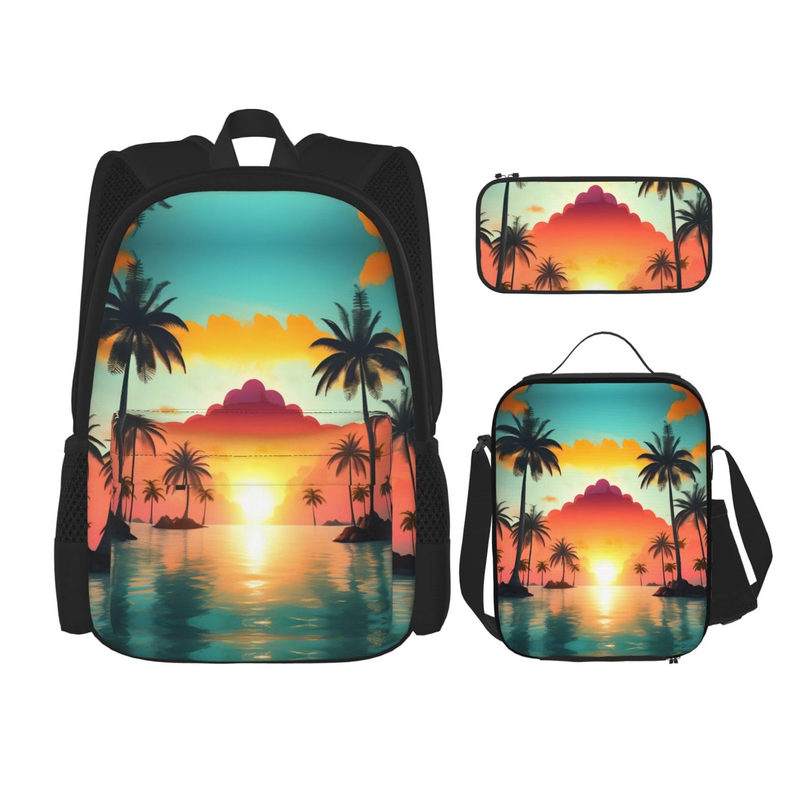 WURTON Sunrise Tropical Palm Tree Island Print Lunchbox Federmäppchen Rucksack Set 3 Stück Verstellbare Träger Langlebig Leicht, Schwarz, One Size