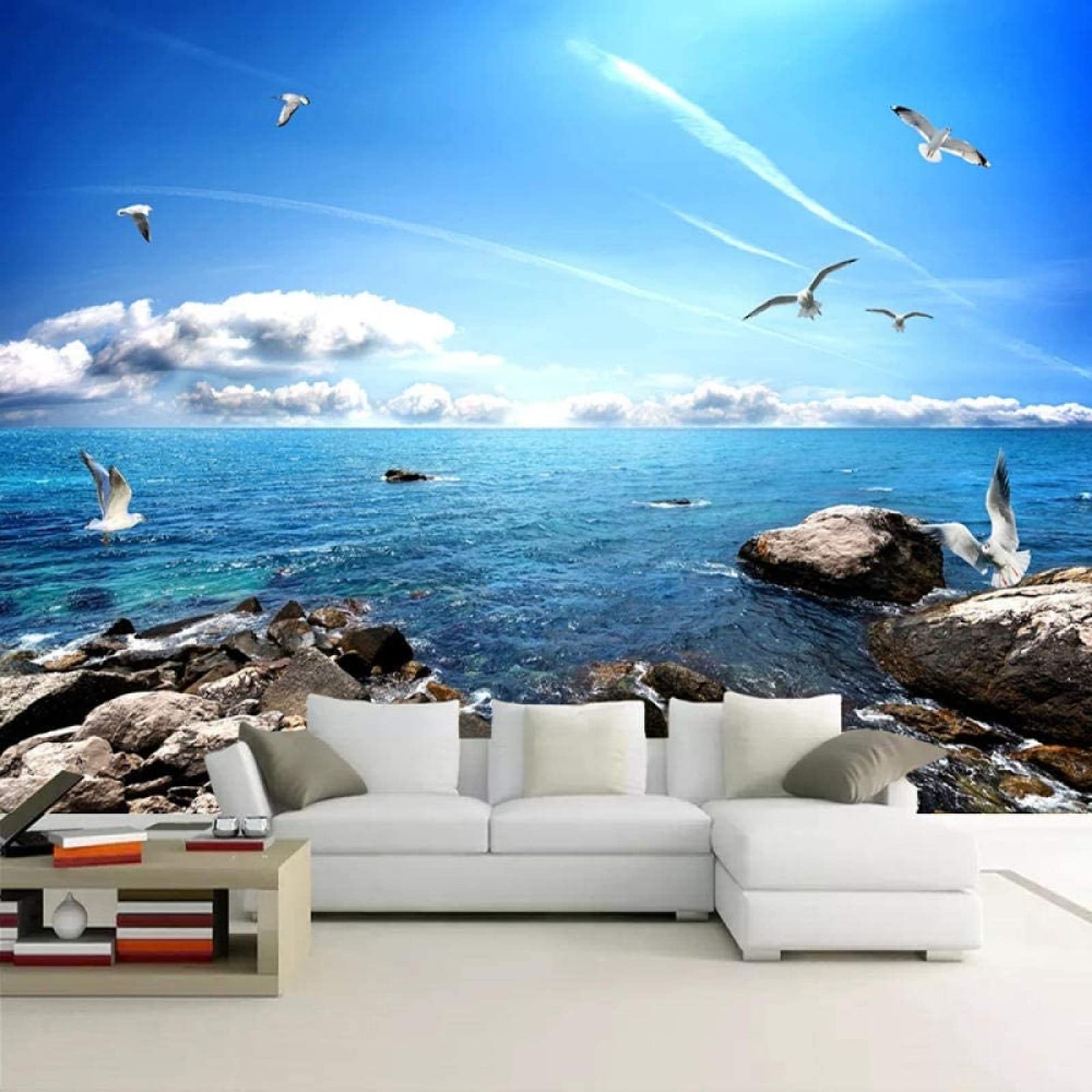 Tapete Blauer Himmel Blaue Wolken Möwe Meer Meerblick Tv Hintergrund Fotopapier Für Wohnzimmer Schlafzimmer Zuhause 3d Tapete Wanddekoration fototapete wandbild Schlafzimmer Wohnzimmer-200cm×140cm