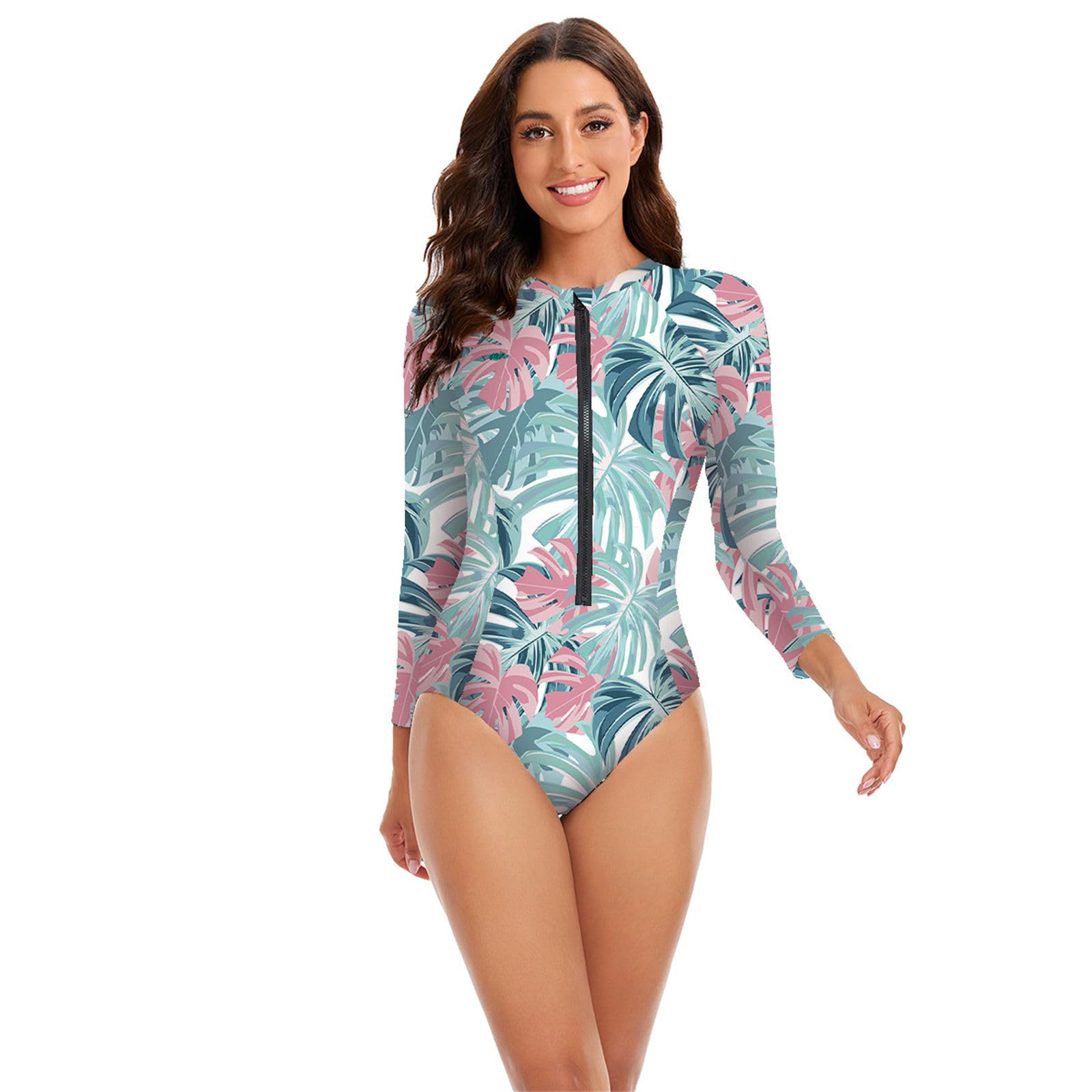 PTILSERY Damen-Badeanzug, langärmelig, Rashguard, 1 Stück, Tankini, Badeanzug, Blumendruck, Badeanzug für Strandkleidung