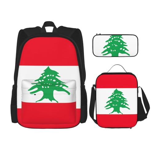 WURTON Flagge des Libanon-Drucks, Reise-Lunchbox, Federmäppchen, Rucksack-Set, 3-teilig, verstellbare Riemen, leicht, schwarz, Einheitsgröße, Schwarz, One Size