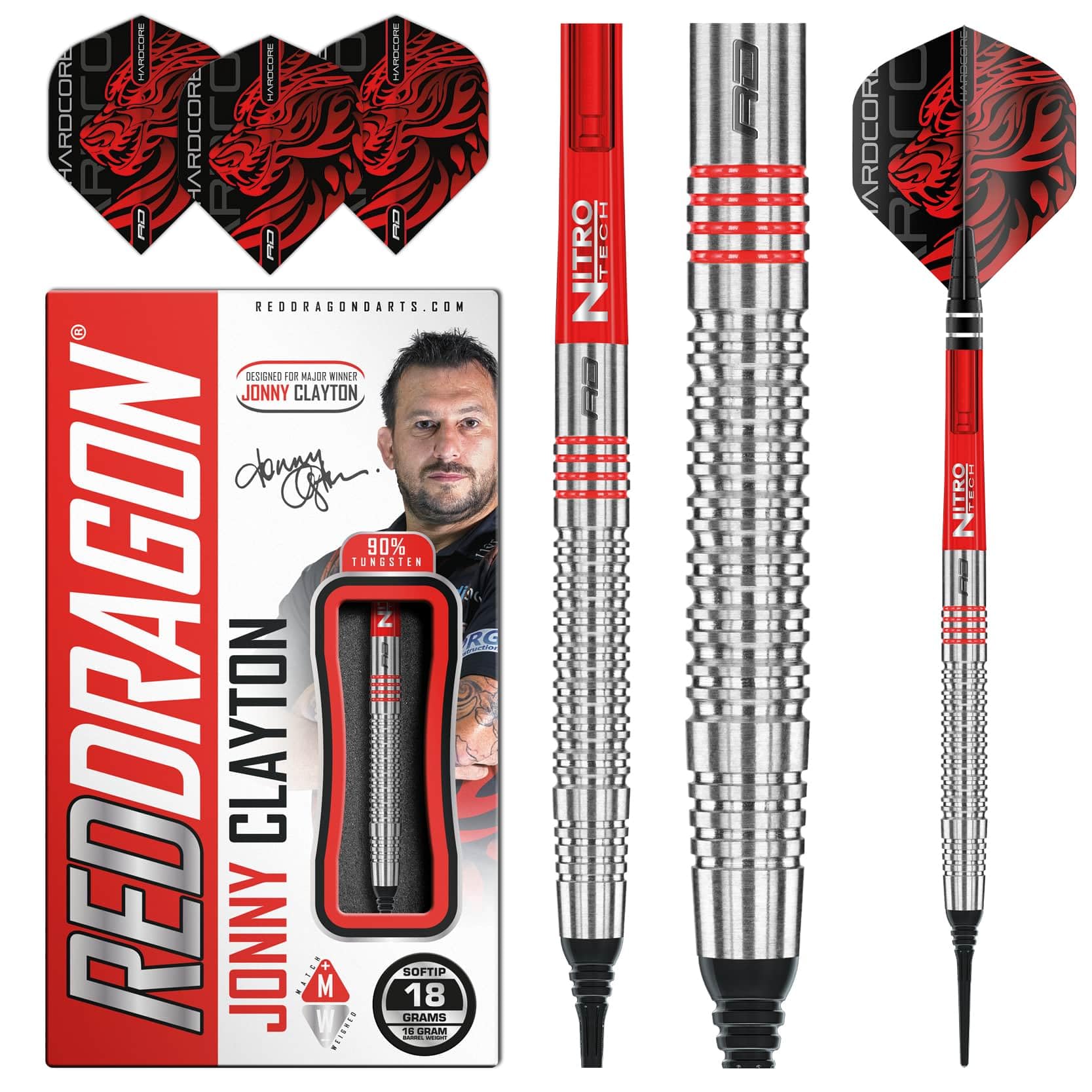 RED DRAGON Jonny Clayton Original Softip 18 Gram Professional Tungsten Dartset mit Flights und Stielen