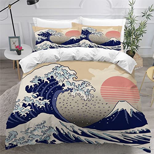 RLYXGS Surfen In Japan Bettbezug Set Wellen Bedrucktes Bettwäsche Set 155x220cm Hypoallergen Atmungsaktive Polyester Betten Set mit versteckter Reißverschluss 3-teiliges Set + 2 Kissenbezug