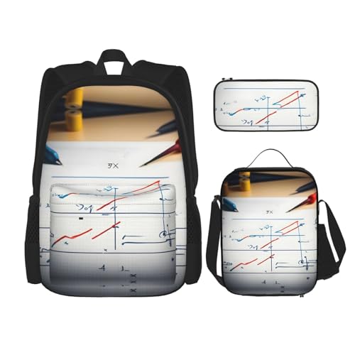 YQxwJL 3-in-1-Rucksack-Büchertaschen-Set, mathematischer Druck, lässiger Reiserucksack, mit Federmäppchen, Lunchtasche, Mathematikformel, Einheitsgröße