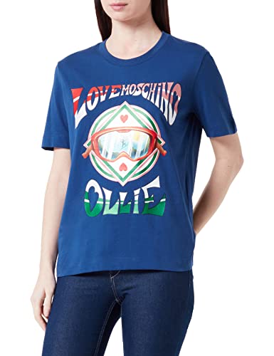 Love Moschino Women's Regular fit Short-Sleeved with Glitter Ollie Transfer Print T-Shirt, Blue, 40