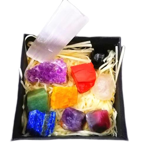 10 Teile/Satz Natürliche Chakra Kristalle Quarz 7 Farben Edelstein Amethyst Cluster Obsidian Kugel Selenit Stick Rohmineral,Geschenkbox-Set