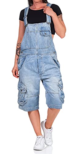 Jet Lag Damen Latzhose Overall Cargo Shorts mit Brusttasche TO3 denim bleached L